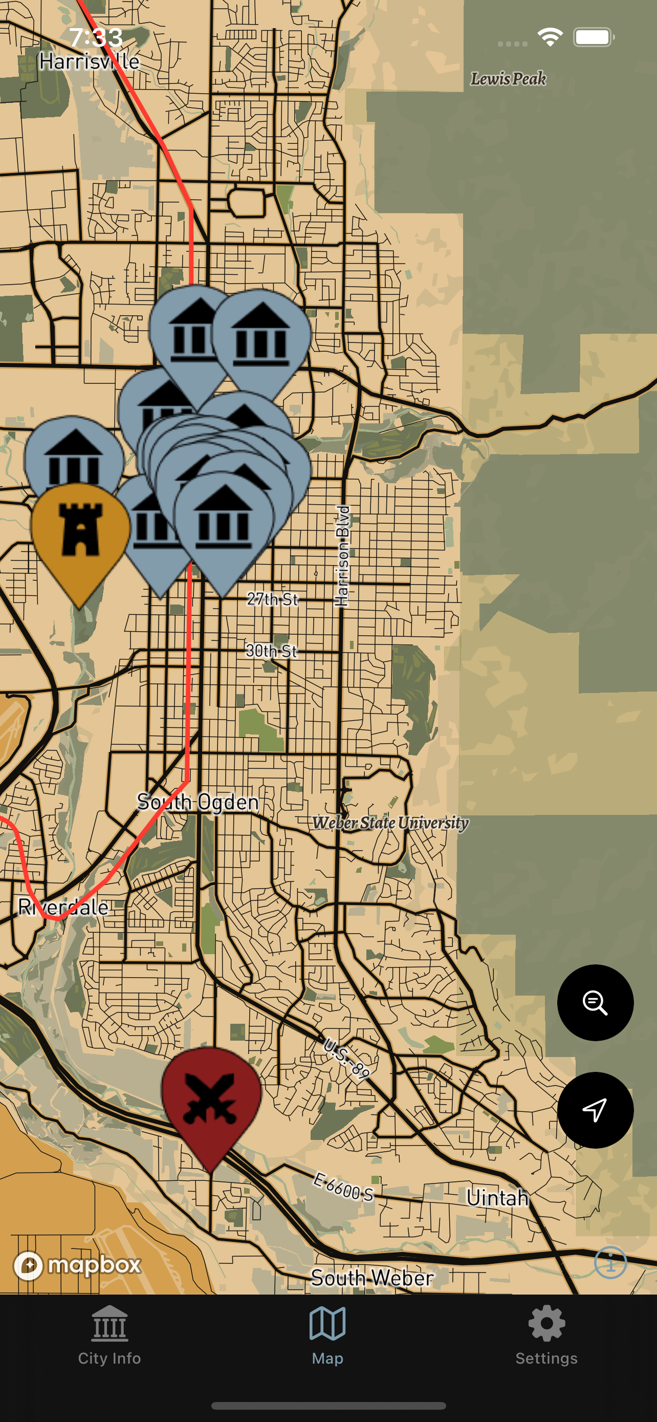 Mappa Mundi mobile app screenshot showing historical locations map